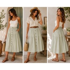 SIM & SAM Tiered Midi Skirt Womens M Sage Green Button Front Cotton Lined Boho